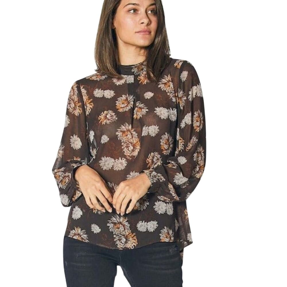 RO & DE Mock Neck Sheer Blouse M Earthy Brown Dandelion Floral Print Neutral NWT
